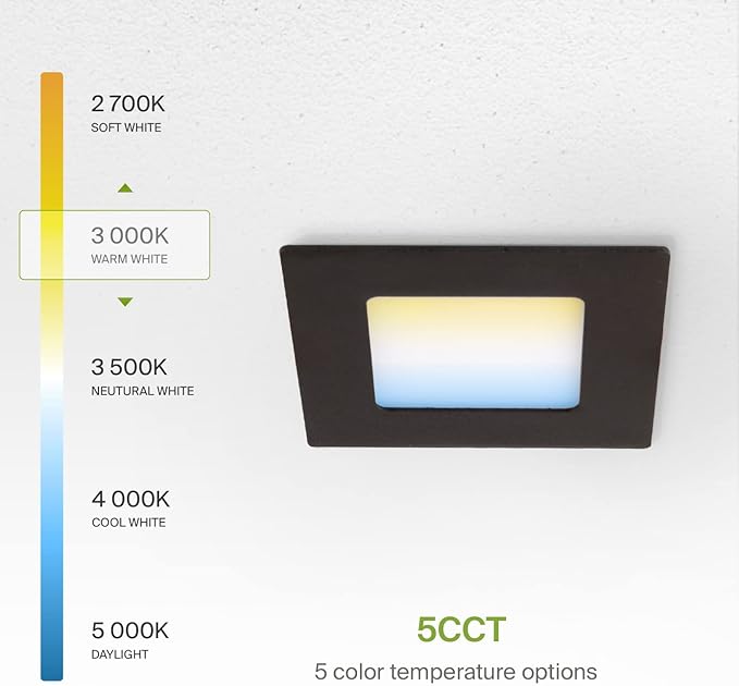 ASD 6 Pack LED Square Recessed Lighting 3 Inch, 5 CCT 2700K-5000K, 6W 30W Eqv, Ultra Thin Dimmable Ceiling Lights with J Box, Canless Wafer Downlight, Slim Panel, UL Energy Star, Oil-Rubbed Bronze