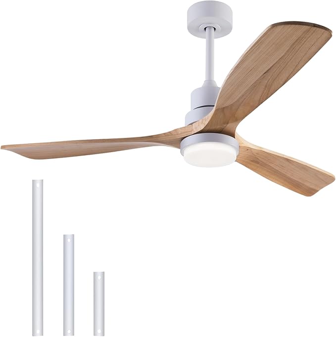 48" Wood Ceiling Fan with Light and Remote Control, Indoor Outdoor Wooden 3 Blades Ceiling Fan for Patio Living Room, Bedroom, Office,Reversible DC Motor(White + Raw wood)