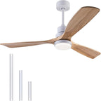 48" Wood Ceiling Fan with Light and Remote Control, Indoor Outdoor Wooden 3 Blades Ceiling Fan for Patio Living Room, Bedroom, Office,Reversible DC Motor(White + Raw wood)