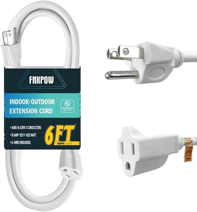 Indoor Outdoor Extension Cord 6 FT Waterproof, 16/3 Gauge Heavy Duty White Extension Cords, 13A 1625W SJTW Extension Cord with 3 Prong Grounded Plug, Great for Tools, Lights, UL Listed.