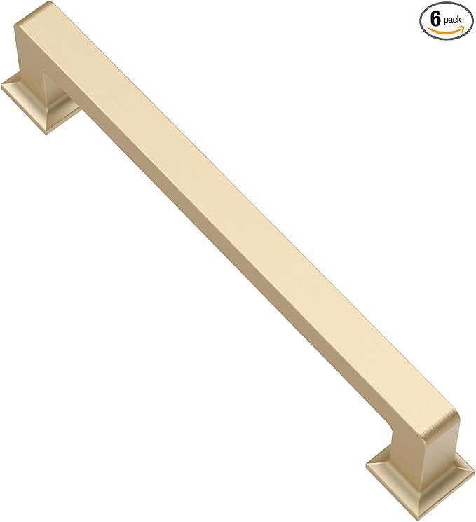 Alzassbg 6 Pack Brushed Gold Cabinet Pulls, 5 Inch(128mm) Hole Centers Cabinet Handles Square Kitchen Hardware for Cabinets AL3046BG