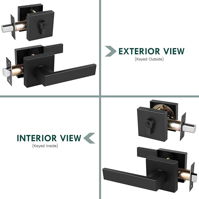 1 Pack Keyed Entry Door Lock with Deadbolt Set, Reversible Passage Lever and Keyed Alike Double Cylinder Deadbolt, Matte Black Square Handleset for Bedroom, Front Door