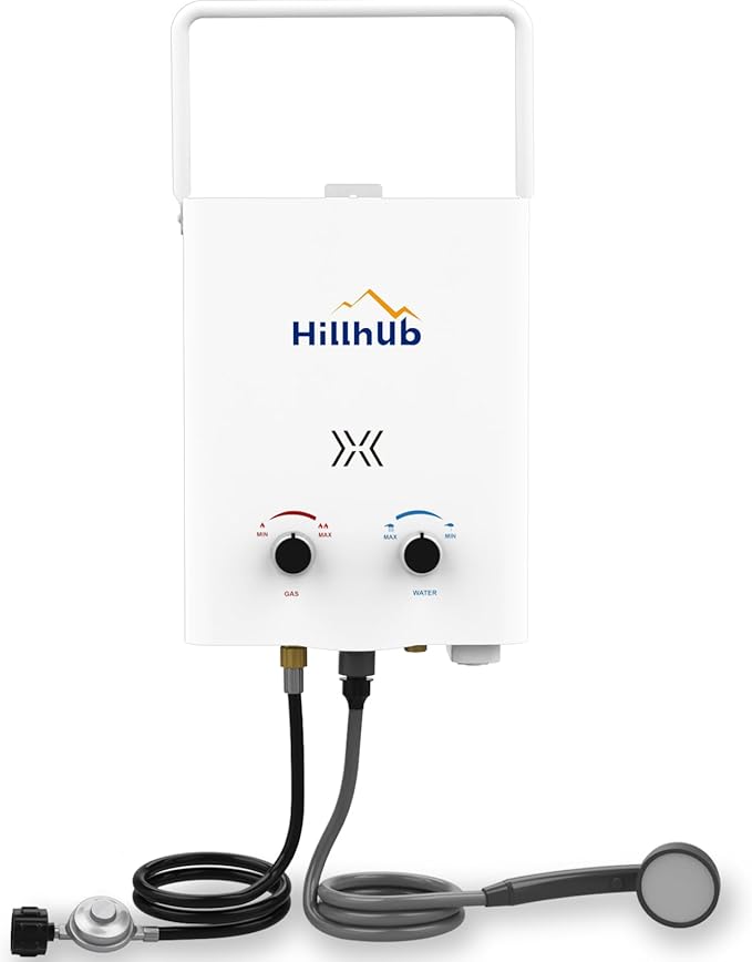 Hillhub Portable Propane Tankless 34,000BTU Water Heater, 1.32GPM Outdoor Shower Water Heater for Camping 5L, Anti-freezing Protection