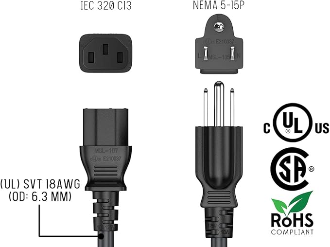CableLeader 18 AWG Universal Power Cord IEC320 C13 to NEMA 5-15P, Extension Power Cord, Compatible with Computers, Monitors, Printers & TVs (Black, 7ft)