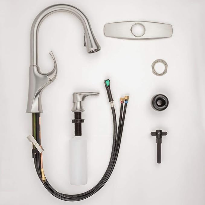 Pfister Miri Kitchen Faucet with Pull Down Sprayer and Soap Dispenser, Single Handle, High Arc, Spot Defense Stainless Steel Finish, F5297MRGS