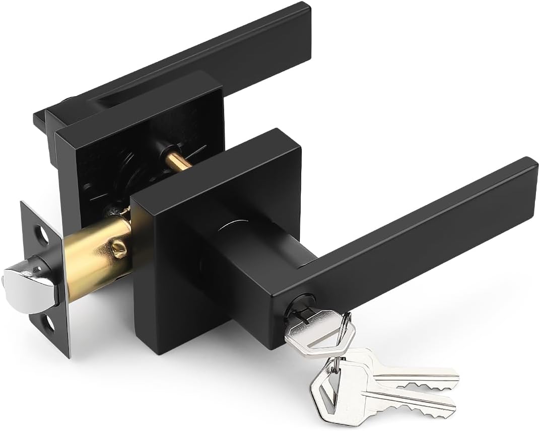 Square Entry Door Lever with Lock and Key, Matte Black Entrance Door Handles, for Exterior or Interior Doors,1 Pack (Each with 3 Keys)