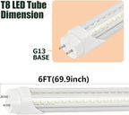 6 Pack 6FT T8 LED Tube Light 40W G13 Bi-Pin Cap Cool White with Bright Dual-Row LEDs T8 T10 T12 Fluorescent Light Bulbs Replacement 6 Foot Shop Lights