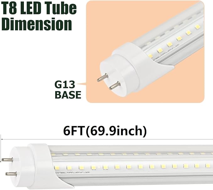 6 Pack 6FT T8 LED Tube Light 40W G13 Bi-Pin Cap Cool White with Bright Dual-Row LEDs T8 T10 T12 Fluorescent Light Bulbs Replacement 6 Foot Shop Lights