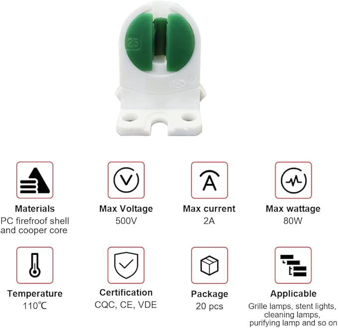 T5 LED Fluorescent Tube Lamp Holder Tombstone, Medium Bi-Pin Socket, Fluorescent Lampholder, for LED Fluorescent Tube Replacements Turn-Type Lampholder, Pack of 20
