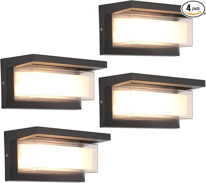 Outdoor Wall Lights, 24W LED 3 Color Exterior IP65 Outdoor Wall Lights Exterior, Porch Wall Sconce with Double Shade, Modern Matte Black Wall Lamps for Patio Front Door Entryway, 4-Pack