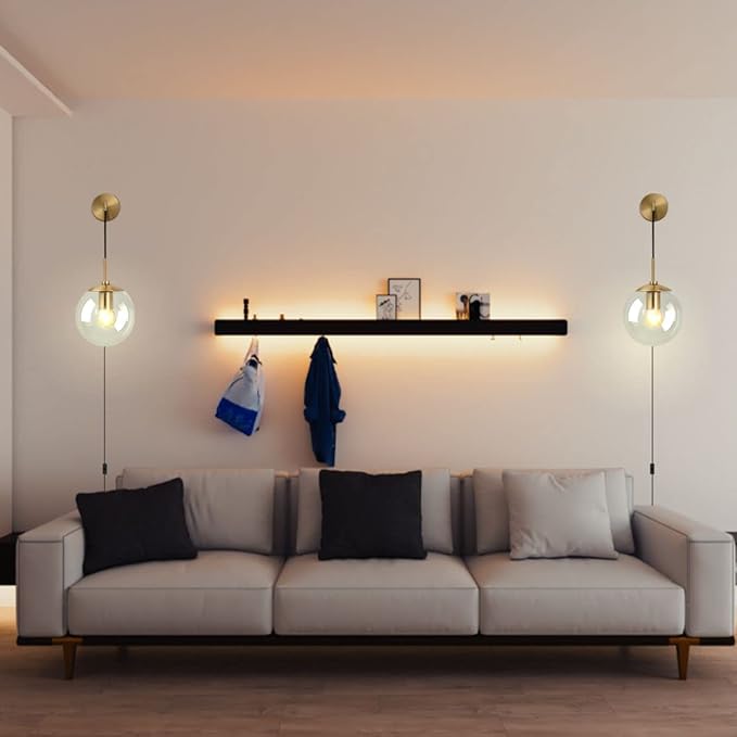 KCO Modern Globe Wall Sconce with Plug in Industrial Vintage Wall Lamp On/Off Switch Minimalist 1-Light Mounted Lamps for Bedroom Living Room Corridor (Clear & 2-Pack)