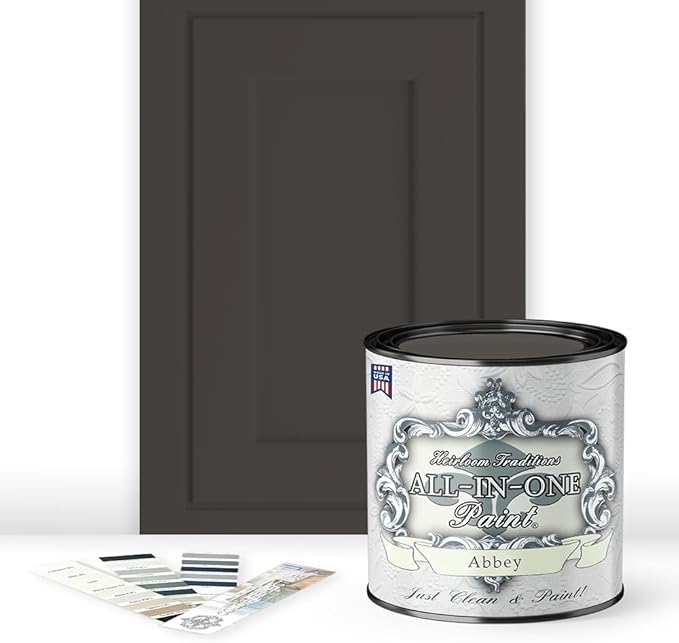 ALL-IN-ONE Paint, Durable cabinet and furniture paint. Built in primer and top coat, no sanding needed. Includes our 30 featured color card - Abbey (warm gray), Quart