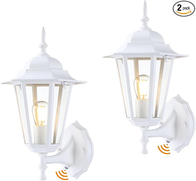 GRUENLICH Dusk to Dawn Outdoor Wall Sconce, Exterior Front Porch Lighting with Clear Glass, White Aluminum Outside Coach Light for Patio Doorway Garage, 2 Pack