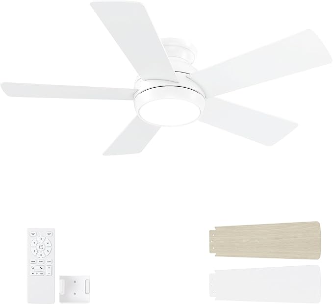 42 Inch White Ceiling Fans with Lights and Remote, LED Low Profile Flush Mount Ceiling Fan for Bedroom, Living Room, Patio, Quiet DC Motor, 5 Blades