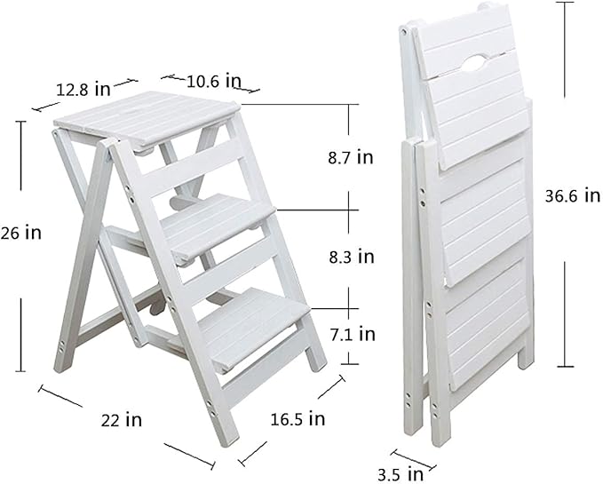 KINGBO Step Stool for Adults/Step Ladder/Counter Chair, 3-Step Folding Portable Wooden Step Stool, Anti-Slip & Lightweight (White)