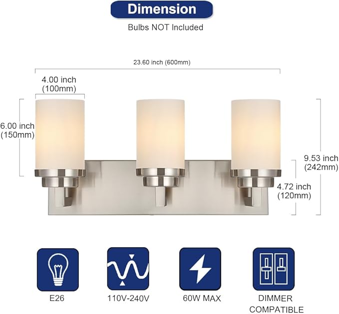 TODOLUZ 3-Lights Vanity Bath Light with Opal White Glass Shades, Modern Bathroom Lighting Over Mirror Brushed Nickel for Kitchen Hallway Bedroom Foyer