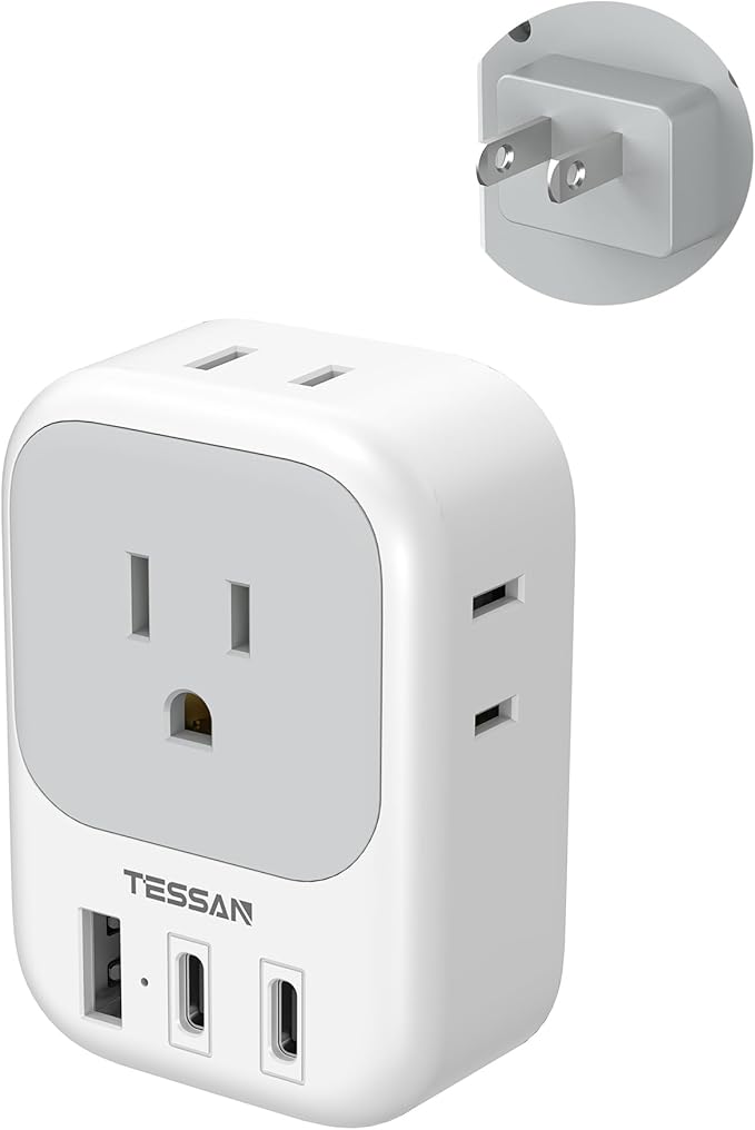 TESSAN US to Japan Plug Adapter 2 Prong to 3 Prong Outlet Adapter with 4 Outlets 3 USB (2 USB-C), Outlet Converter US to Japan China Mexico Philippines Canada Peru Thailand Vietnam