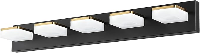 Bathroom Vanity Light - 5-Lights LED 30W - Dimmable Over Mirror Light Fixture for Brightening Your Bath - Gold and Black Wall Sconces with Acrylic Lampshade - Daylight 5500K
