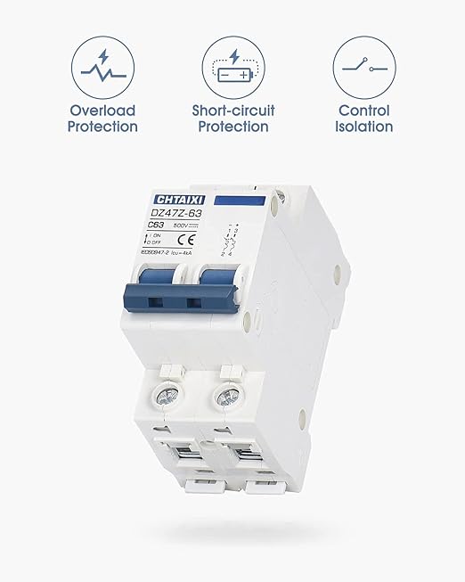 DC Miniature Circuit Breaker, 2 Pole 500V 63 Amp Isolator for Solar PV System, Thermal Magnetic Trip, DIN Rail Mount, Chtaixi DC Disconnect Switch C63