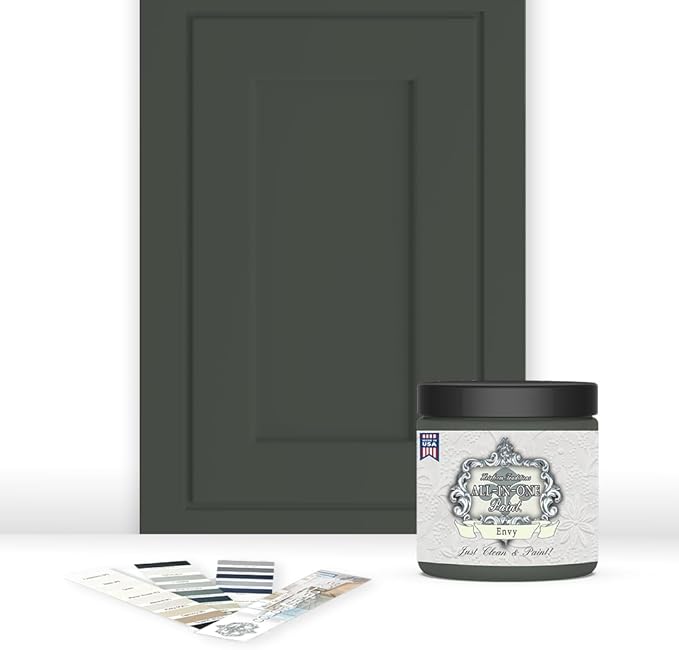 ALL-IN-ONE Paint, Durable cabinet and furniture paint. Built in primer and top coat, no sanding needed. Includes our 30 featured color card - Envy (slate green), 8oz Sample