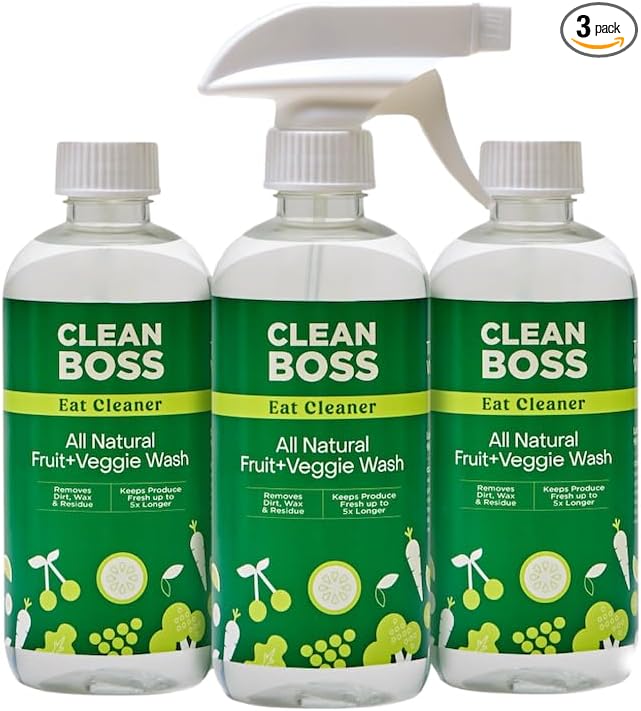CleanBoss Eat Cleaner Triple-Action Fruit + Veggie Wash - 12 oz, Pack of 3 - Removes Harmful Residue - Keeps Produce Fresh Up to 5X Longer - Includes One Trigger - Vegan, Gluten Free - Improved Nozzle