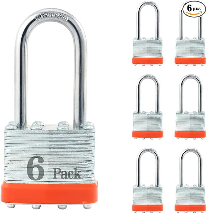 ZonRo Locks Laminated Steel Keyed Padlocks,Keyed Alike Locks, 1-9/16 inch Wide,Long Shackle Padlocks, Pack of 6，Orange Hoop, for Hasp Latch, Sheds, Fences, Storage Locker, School, Gym