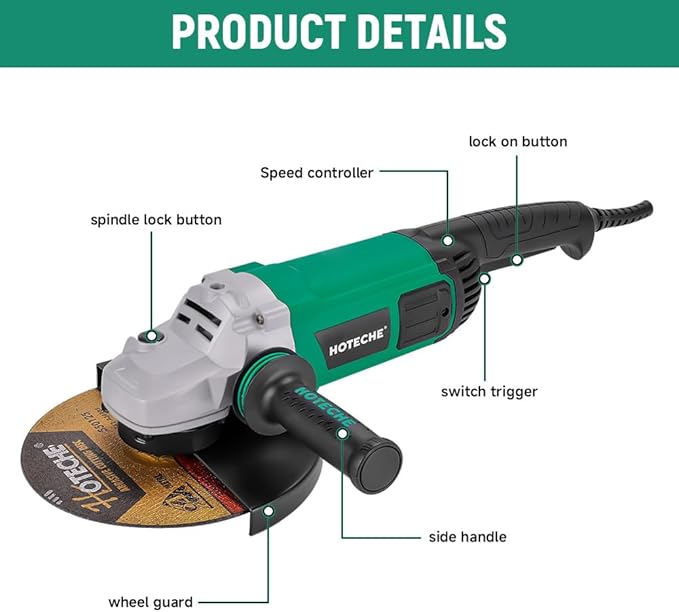 Hoteche 9-Inch Angle Grinder 4-HP Grinding and Cutting Tool Fits 7/8" Hole Size Wheels with Rotatable Handle and Lock-On Switch