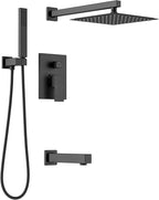 Lava Odoro Modern 3-Setting Square Shower and Tub Faucet Set with Shower Head and Handheld Sprayer Black, Rainfall Shower System with Tub Spout, Shower Valve Trim Kit, Matte Black, SF103-MB-T
