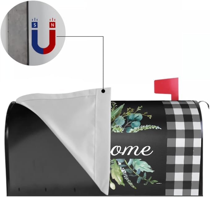 Kawani Buffalo Plaid Mailbox Cover - Black & White Plaid with Leaves - Magnetic Welcome - Standard Size 25.5 x 21 Inches