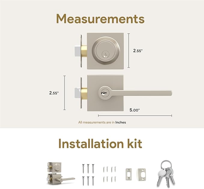 Mega Handles Prime Entrance Combo, Entry Lever Door Handle and Single Cylinder Deadbolt Lock and Key Combo, Heavy Duty Square Locking Door Levers Set for Left or Right-Handed Doors - Satin Nickel