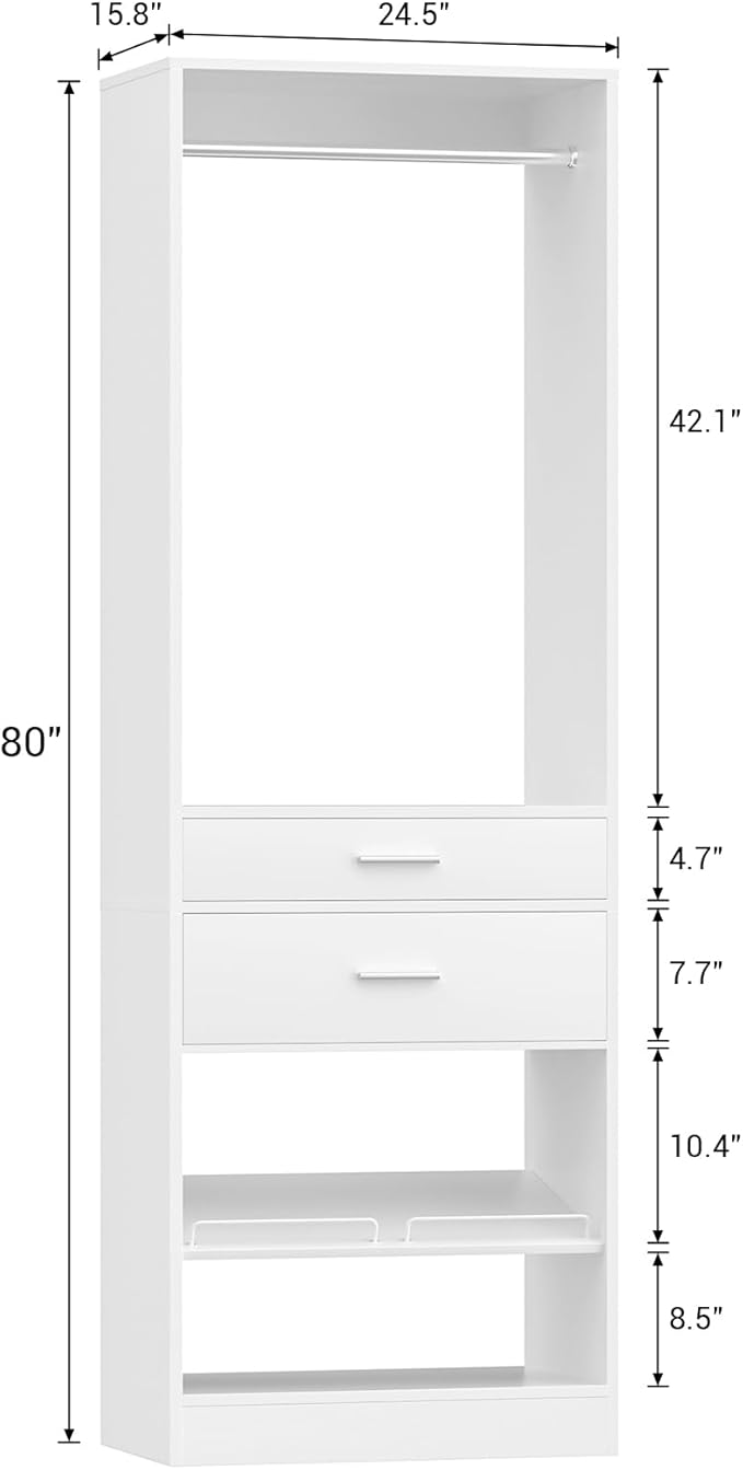 Unikito 25” W x 80'' H Closet Organizer Storage with Hanging Rod and 2 Wooden Drawer, Adjustable Angled Shoes Rack, Sturdy Garment Racks, Walk-in Closet Tower for Bedroom, Mudroom, and Entryway, White