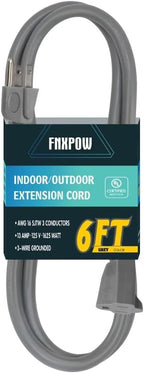 Indoor Outdoor Extension Cord 6 FT Waterproof, 16/3 Gauge Heavy Duty Gray Extension Cords, 13A 1625W SJTW Extension Cord with 3 Prong Grounded Plug, Great for Tools, Lights, UL Listed.