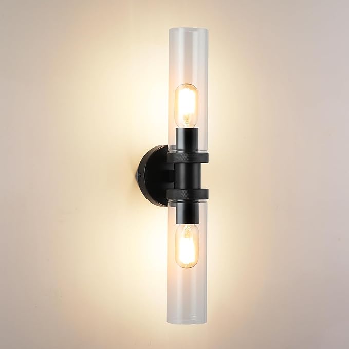 2 Light Vanity Light Side Mirror Farmhouse Bathroom Fixtures Black, E26 Wall Lamps for Bedroom, Industrial Lighting, Modern Lights With Glass Shade