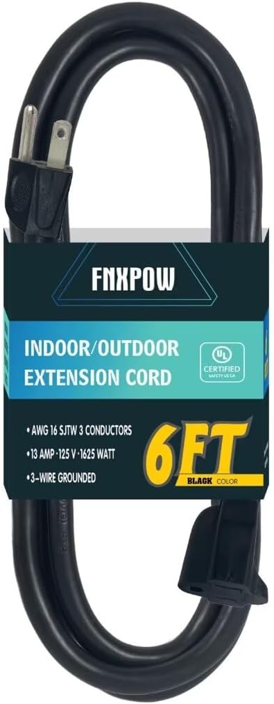 Indoor Outdoor Extension Cord 6 FT Waterproof, 16/3 Gauge Heavy Duty Black Extension Cords, 13A 1625W SJTW Extension Cord with 3 Prong Grounded Plug, Great for Tools, Lights, UL Listed.