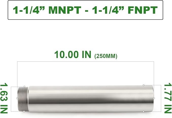 TAISHER 1PCS Stainless Steel Pipe Fittings, 1-1/4" NPT Male x 1-1/4" NPT Female Threaded, 10" Length Nipple Cast Pipe