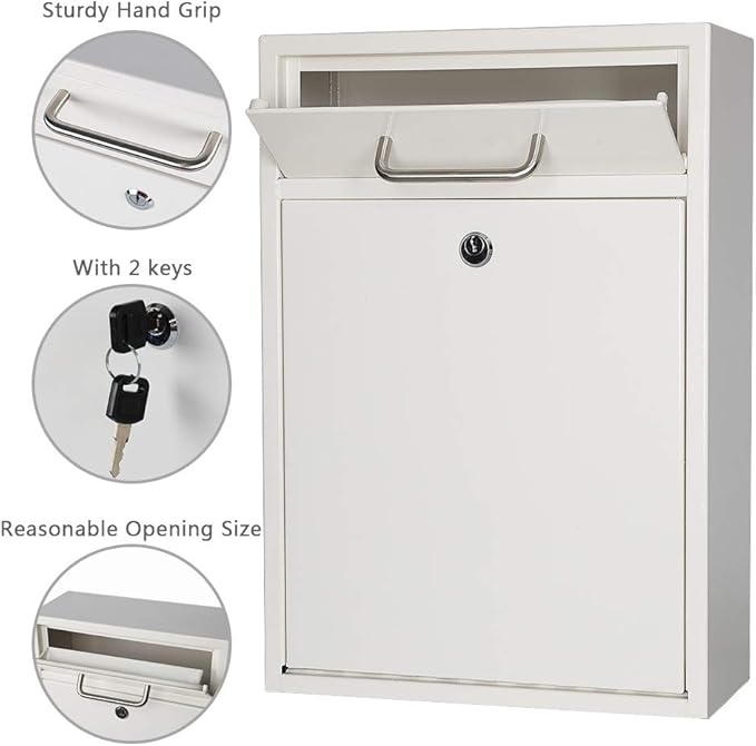 KYODOLED Steel Key Lock Mail Boxes Outdoor, Locking Wall Mount Mailbox, Security Key Drop Box, Collection Boxes,16.2H x 11.22L x 4.72W Inches, White X Large