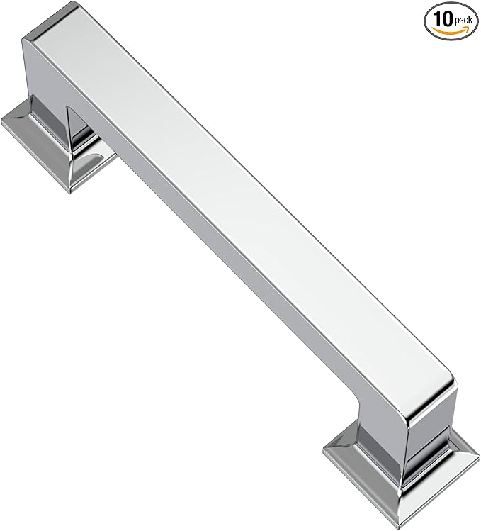 Alzassbg 10 Pack Polished Chrome Cabinet Pulls, 3 Inch(76mm) Hole Centers Cabinet Handles Square Kitchen Hardware for Cabinets AL3046CP