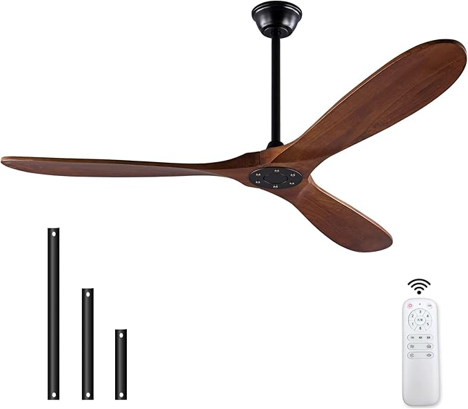 60 Inch Ceiling Fans Without Light, Solid Wood Ceiling Fan No Light with Remote and 3 Wood Blades,6 Speed Quiet DC Motor Indoor Outdoor Ceiling Fans for Patio, Living Room, Bedroom