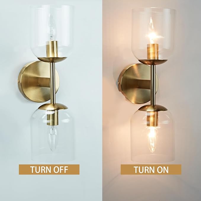 Minimalist Aged Brass Metal Double Wall Sconce, Modern Durable Ribbed Glass Shades Vanity Light, Bathroom Wall Mounted Light Beside Mirror, Wall Light for Hallway, Living Room (Brass)