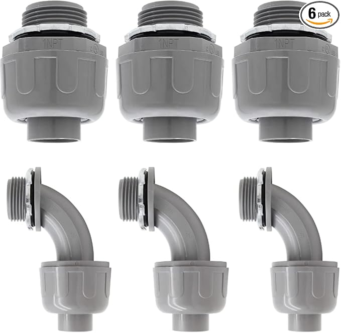 1" Liquid Tight Connector Non-Metallic Electrical Conduit Fittings, PVC Flexible Conduit Fittings, for Home Kitchen Bathroom Tube Tool Supplies UL Listed(Straight+90 Degree,6Pcs)