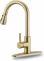 WEWE Brushed Gold Kitchen Faucet with Pull Down Sprayer, Single Handle Gold Kitchen Sink Faucet Stainless Steel Brass Copper Commercial RV 1 or 3 Hole, Champagne Bronze
