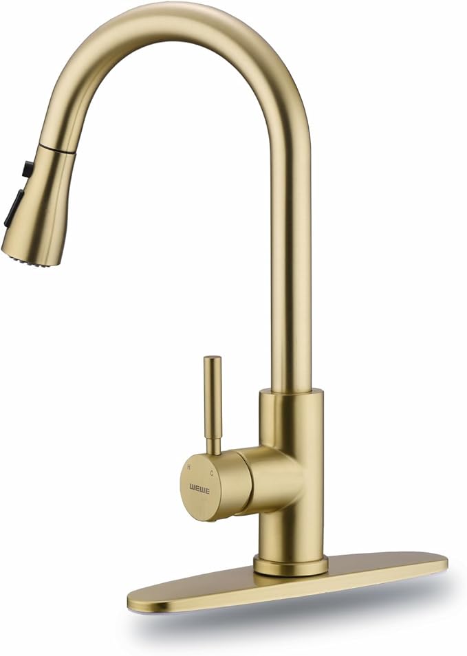 WEWE Brushed Gold Kitchen Faucet with Pull Down Sprayer, Single Handle Gold Kitchen Sink Faucet Stainless Steel Brass Copper Commercial RV 1 or 3 Hole, Champagne Bronze