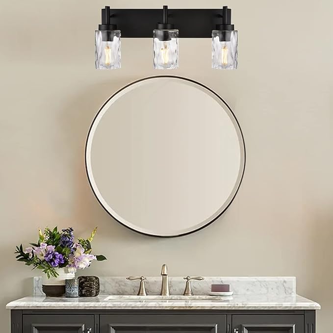 BONLICHT Vanity Light Fixtures 3 Light Modern Wall Sconces Lighting Black Bathroom Lights Wall Mounted with Hammered Glass Shade,Farmhouse Wall Light for Mirror Cabinets, Powder Room, Dressing Table