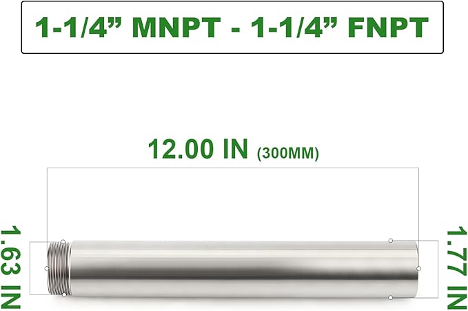 TAISHER 1PCS Stainless Steel Pipe Fittings, 1-1/4" NPT Male x 1-1/4" NPT Female Threaded, 12" Length Nipple Cast Pipe