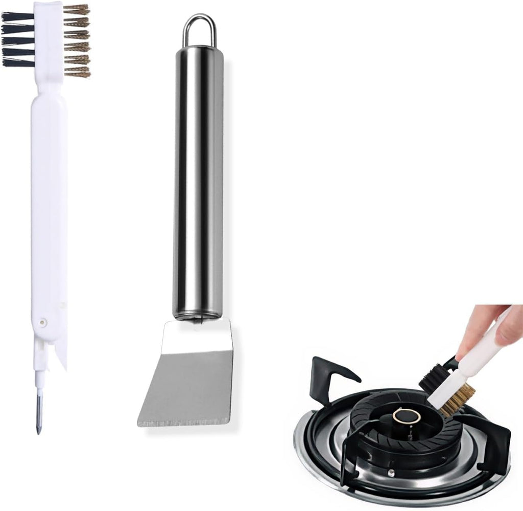 Gas Stove Cleaner Brush and Scraper for Cleaning Tool Kit Brass Brushes for Burners Range Top Oven Pan Small Plastic Scrappers for Dish Cooktop Non Scratch Counter Cutting Board Use