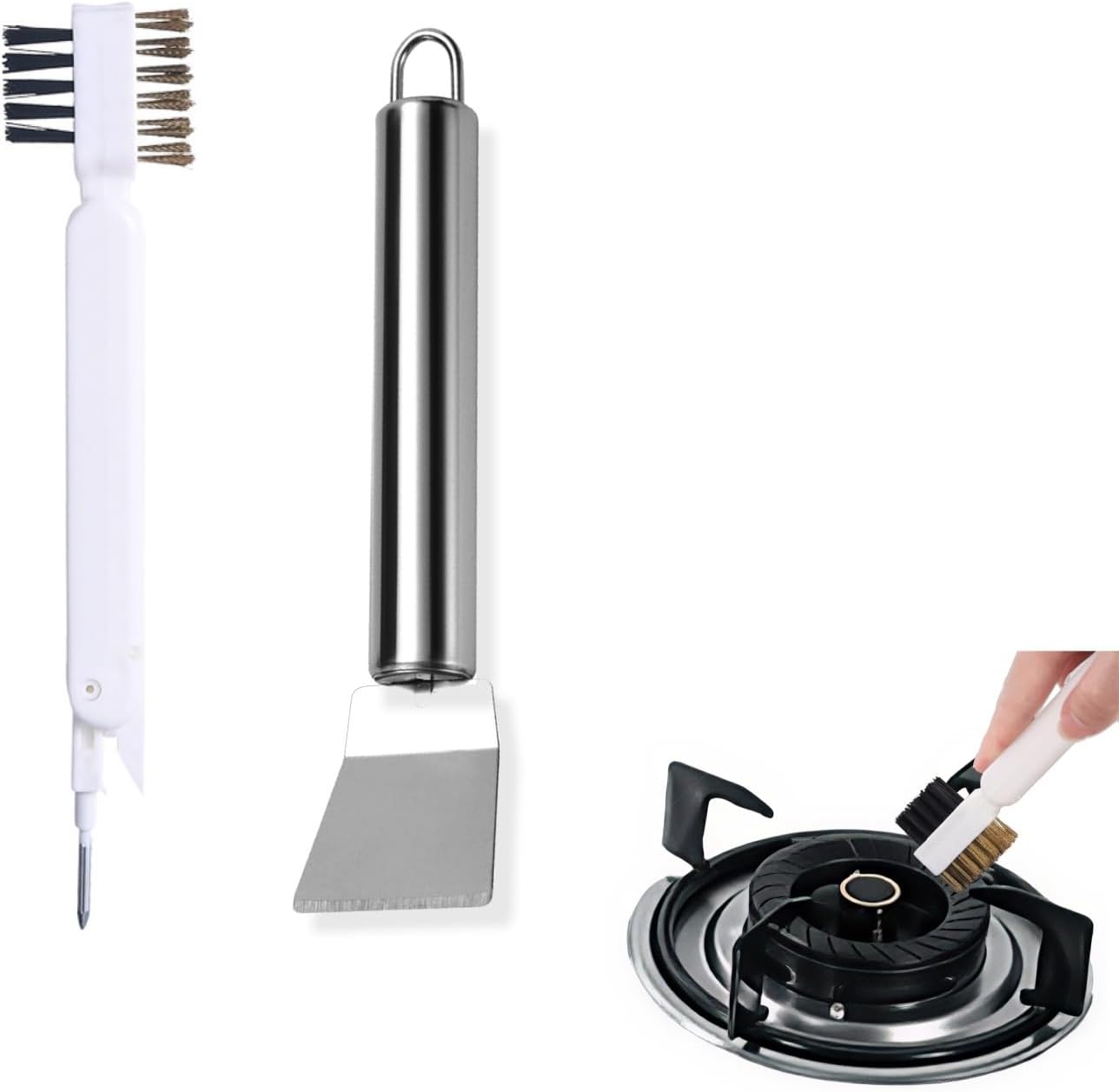 Gas Stove Cleaner Brush and Scraper for Cleaning Tool Kit Brass Brushes for Burners Range Top Oven Pan Small Plastic Scrappers for Dish Cooktop Non Scratch Counter Cutting Board Use