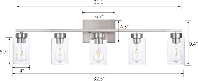 5 Light Bathroom Vanity Light Fixtures, Brush Nickel Modern Wall Lights with Clear Glass Shade, Vintage Wall Sconce Lighting for Living Room, Mirror, Bedroom, Hallway (Nickel, 5-Lights)