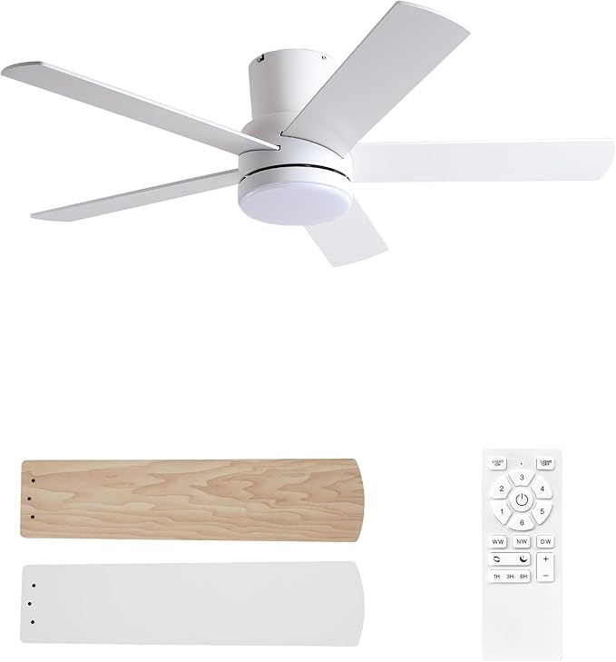 42 Inch White Ceiling Fan with Light Flush Mountand Remote Control,Dimmable 3 Color Temperatures LED Ceiling Fan,6 Speeds Reversible DC Motor,5 Blades Modern Ceiling Fans for Indoor or Covered Outdoor