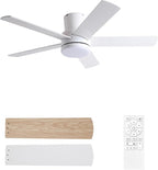 42 Inch White Ceiling Fan with Light Flush Mountand Remote Control,Dimmable 3 Color Temperatures LED Ceiling Fan,6 Speeds Reversible DC Motor,5 Blades Modern Ceiling Fans for Indoor or Covered Outdoor