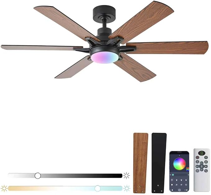 52in Ceiling Fans with Lights RGB Ceiling Fan with Light and Remote/APP Control,Low Profile Ceiling Fans with Lights for Bedroom,Living Room,Kids Room,3CCT Dimmable Modern Ceiling Fan, 8 Speeds,Brown